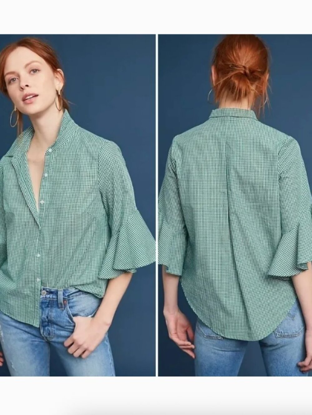 Anthro Sunday in Brooklyn Ponderosa Green Gingham Flutter Sleeve Blouse Small